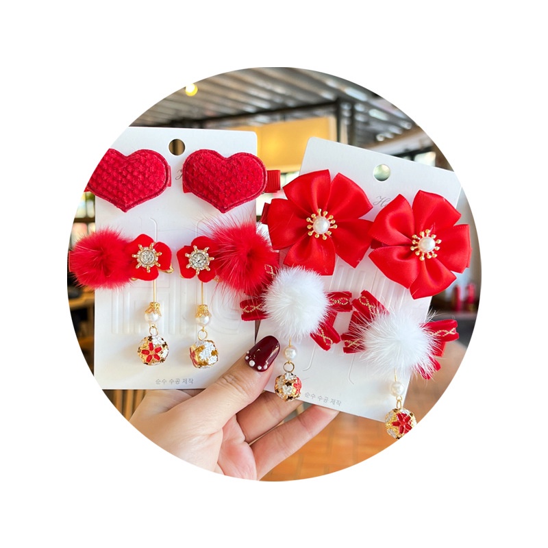 Bộ Hai Cặp Kẹp Tóc Đính Hoa Màu Đỏ Phong Cách Trung Hoa Mừng Năm Mới Cho Bé Gái