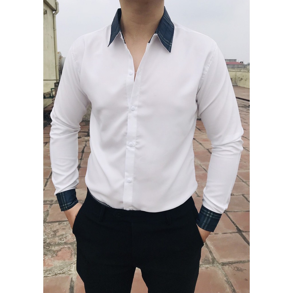 Áo sơ mi nam trắng dài tay. Phối cổ kẻ xanh 3D. Vải lụa chất mát cao cấp. Phong cách công sở trẻ trung from body