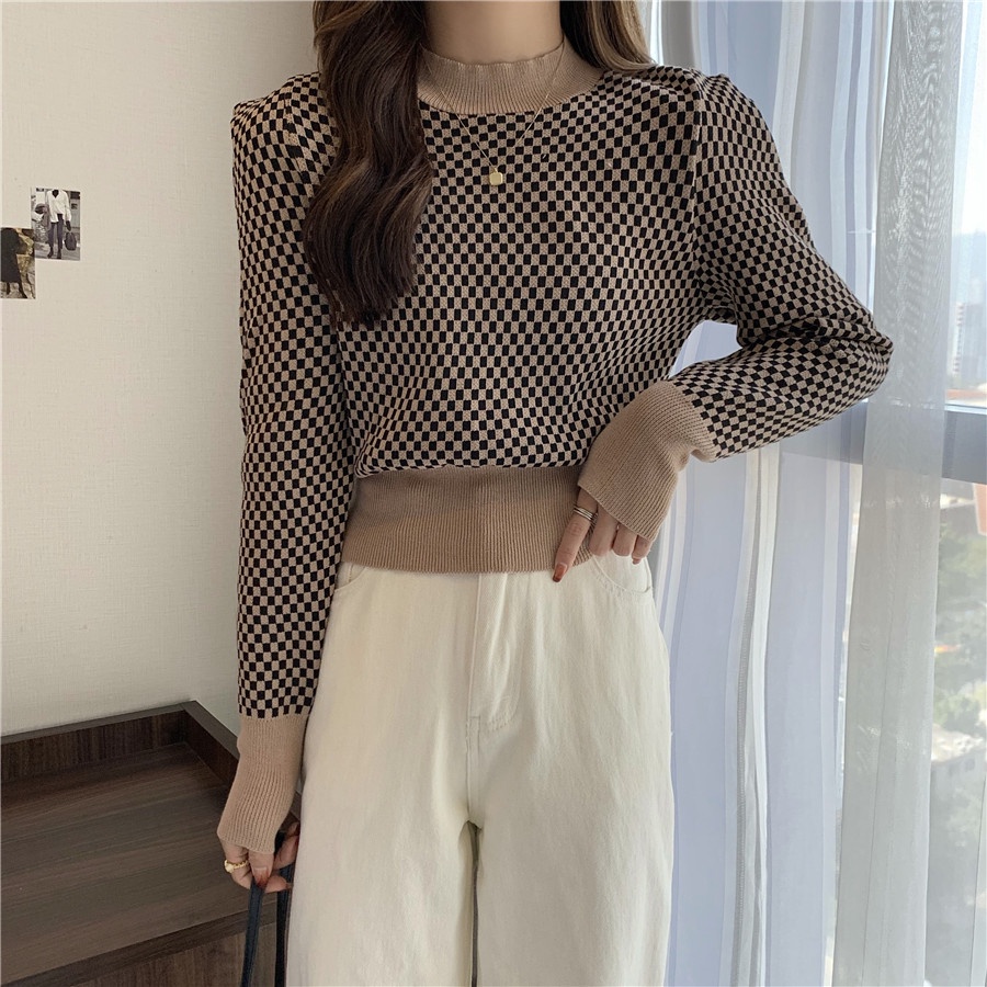 Porozi  Áo dệt kim  cổ tròn họa tiết sọc caro phong cách Hàn Quốc thời trang cho nữ
