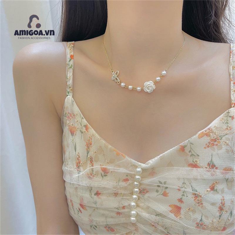 ✨✨Vòng Cổ Mặt Hình Hoa Hồng Đính Ngọc Trai Nhân Tạo Thời Trang Dành Cho Bạn Nữ