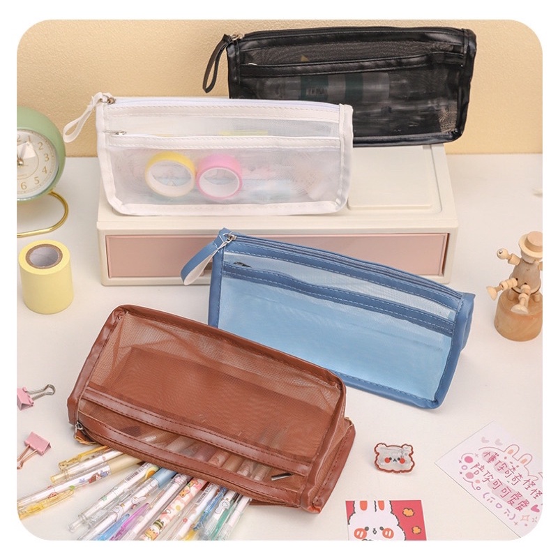 [Có sẵn] Túi đựng bút, túi đựng mỹ phẩm chất liệu nhựa lưới không thấm nước, kiểu dáng đơn giản