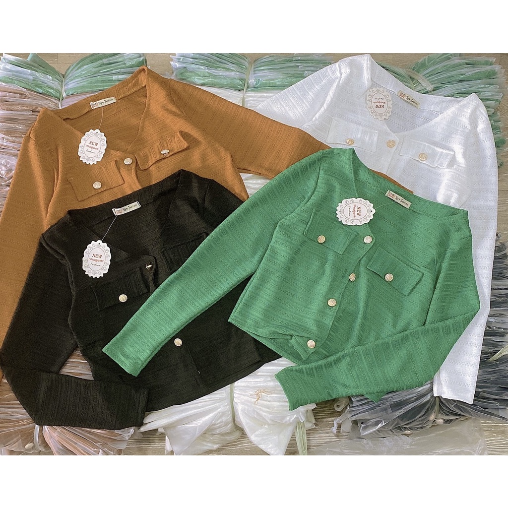 ÁO thun xốp nữ đính nút kiễu tay dài phối túi giã hot 74