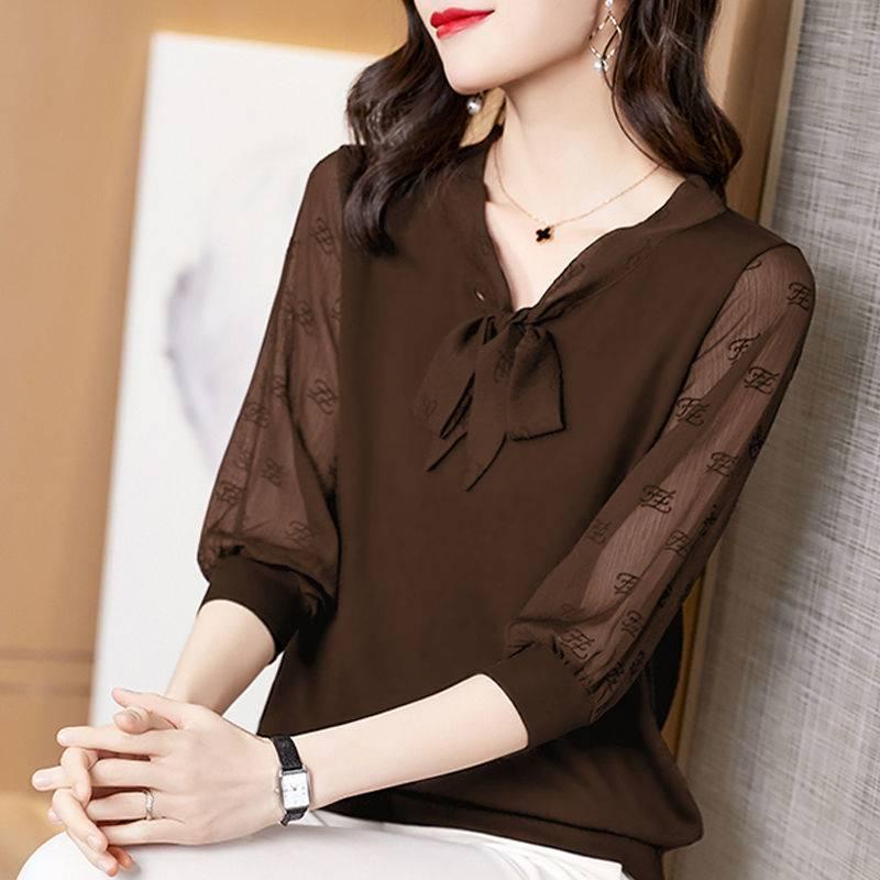 Áo sơ mi vải voan tay lỡ size lớn phong cách thanh lịch cho phụ nữ tuổi trung niên