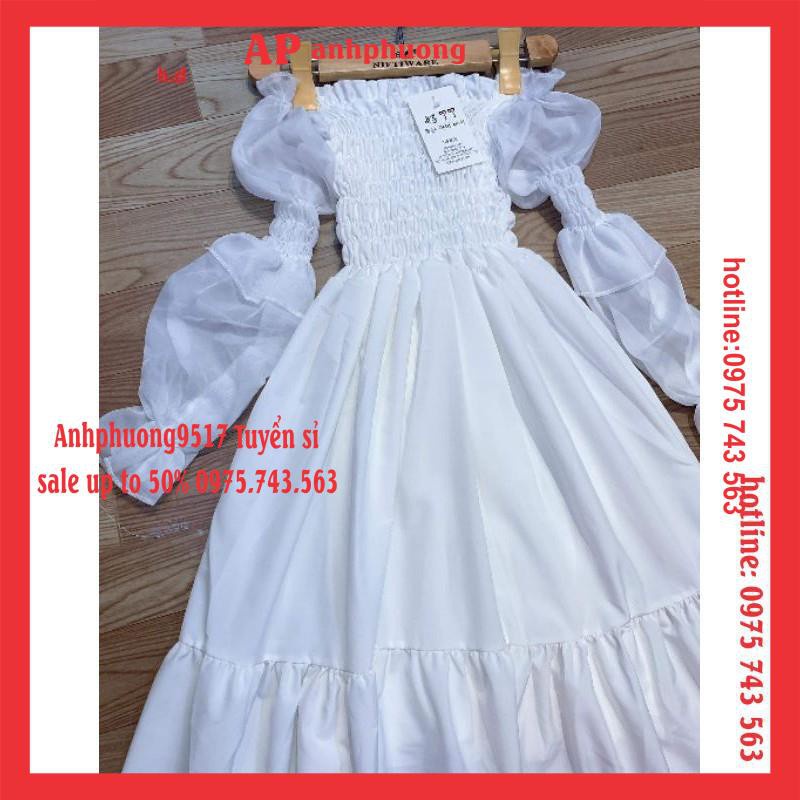 Đầm Trắng Công Chúa Tiểu Thư cổ tích Ulzzang Váy Chiffon Tay voan NHÚN NGỰC Trễ Vai or cổ vuông VINTAGEMaxi sang chảnh
