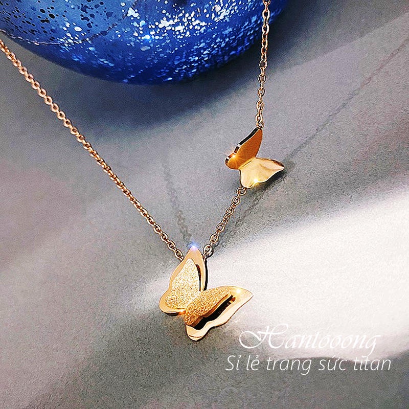 Vòng cổ titan nữ không gỉ hình mặt bướm phun cát lấp lánh phong cách thời trang ngọt ngào thanh lịch