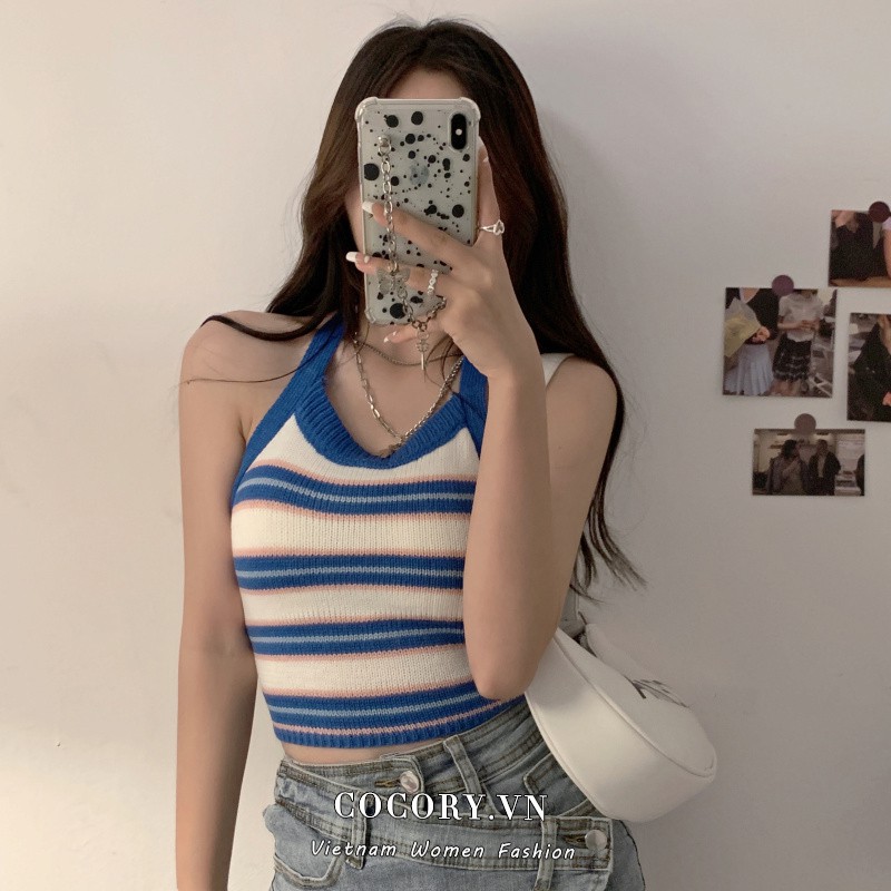 Cocory vn Áo croptop vải dệt kim kẻ sọc thời trang Hàn Quốc cho nữ