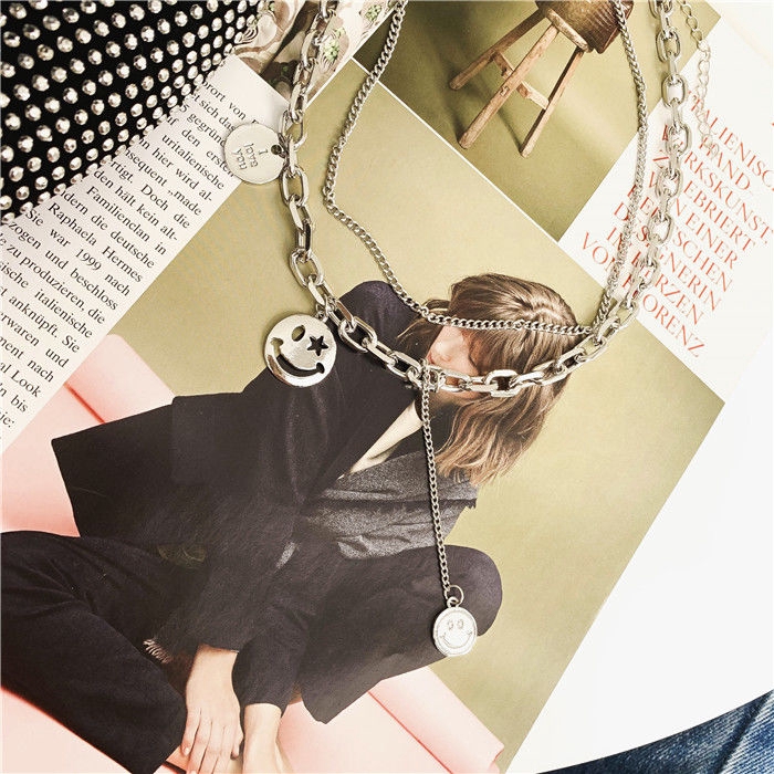 Dây Chuyền Nhiều Lớp Mặt Hình Mặt Cười Phong Cách Hip Hop Cá Tính
