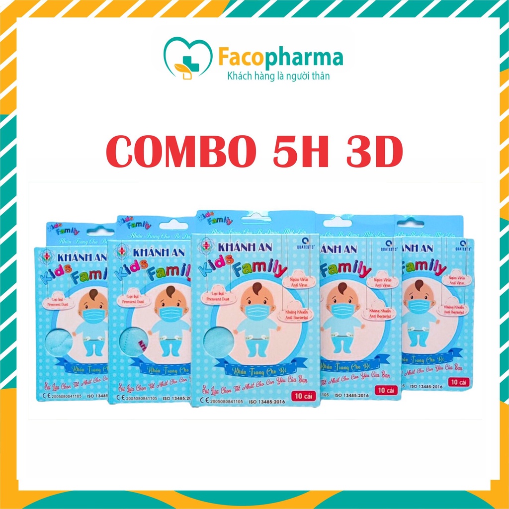 Combo 5 hộp khẩu trang cho bé 3d mask trẻ em kháng khuẩn em bé hộp 10 cái Khánh An size M KID10 x5KA3DCM2