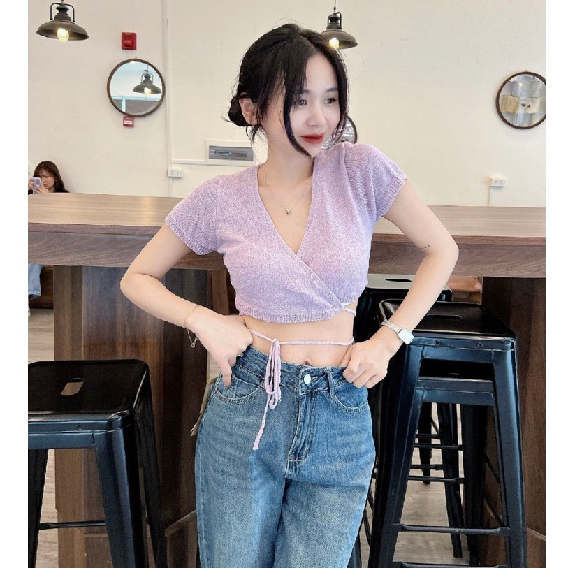 Áo Croptop Vạt Buộc Chéo Cổ Chữ V Sexy Lưng Tim - Hanju