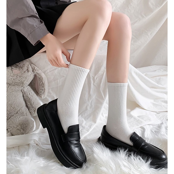 Set 6 đôi tất chân trắng nhún trơn ren bèo cao cổ lolita tiểu thư chất len đẹp nữ Hàn Quốc