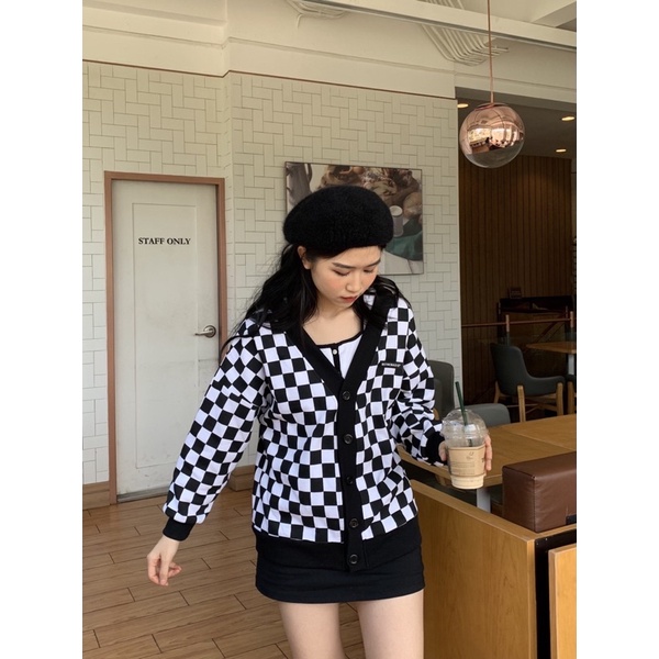 Usthebasic - Áo khoác Checkerboard Fabric Cardigan