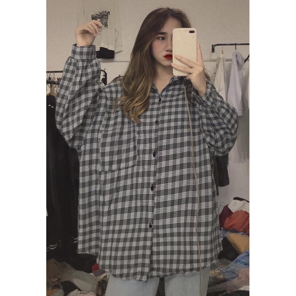 Áo Sơ MI Kẻ Caro Túi Ngực Oversize ❤️ HanaStore - Freeship ❤️ Áo sơ mi form thụng dài tay nhiều màu Ulzzang SIÊU HOT ❤️