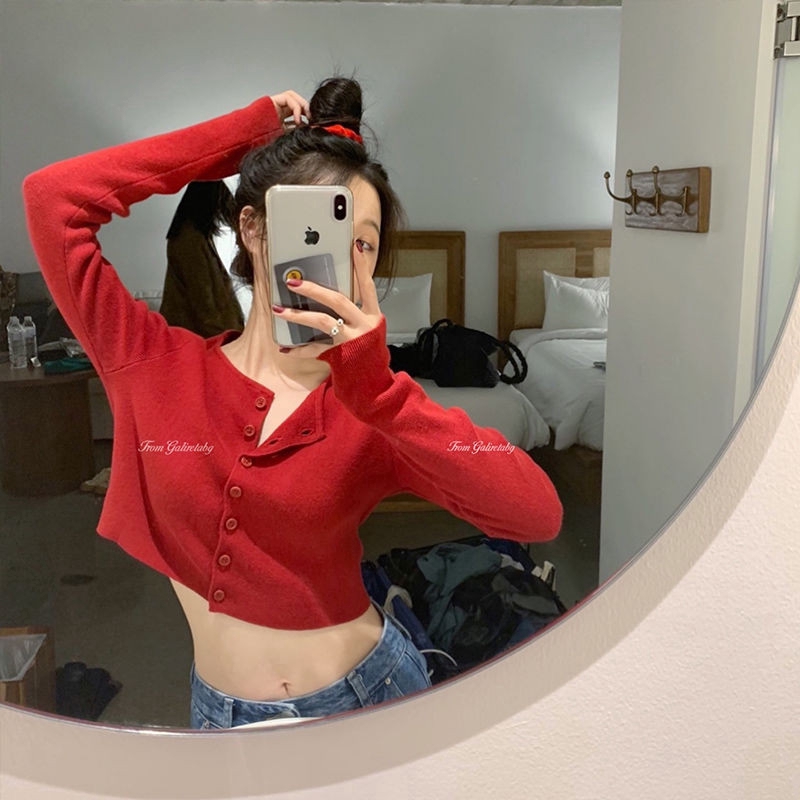 SUXI Áo Crop Top dệt kim tay dài phong cách Hàn Quốc ôm dáng