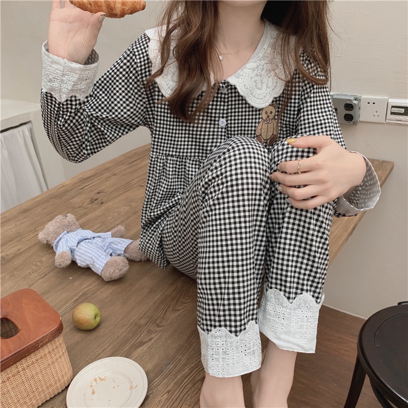 Bộ đồ ngủ pijama dài tay kẻ sọc ren mặc ở nhà mùa thu và mùa đông Hàn Quốc