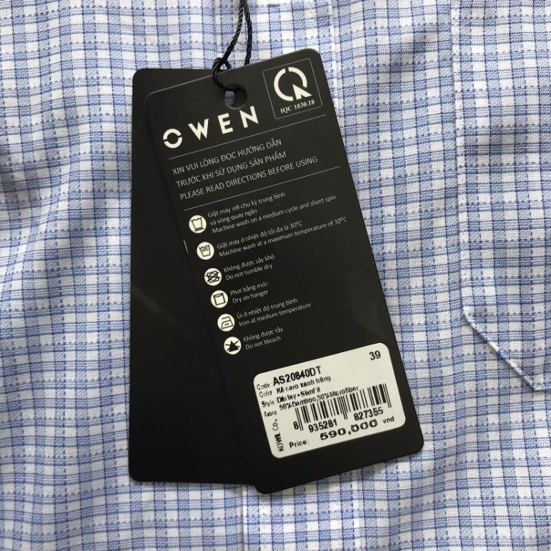 Áo Sơ Mi Nam Tay Dài Owen AS20840DT Dáng Slim Fit Màu Trắng Kẻ Caro Xanh