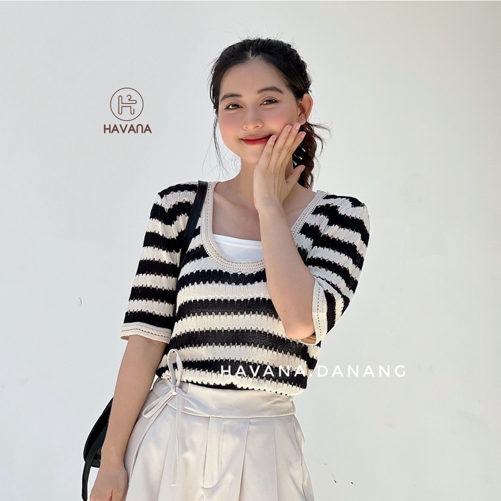 Áo len ngắn tay cổ tròn sọc ngang, áo lỗ cộc tay phong cách AE211