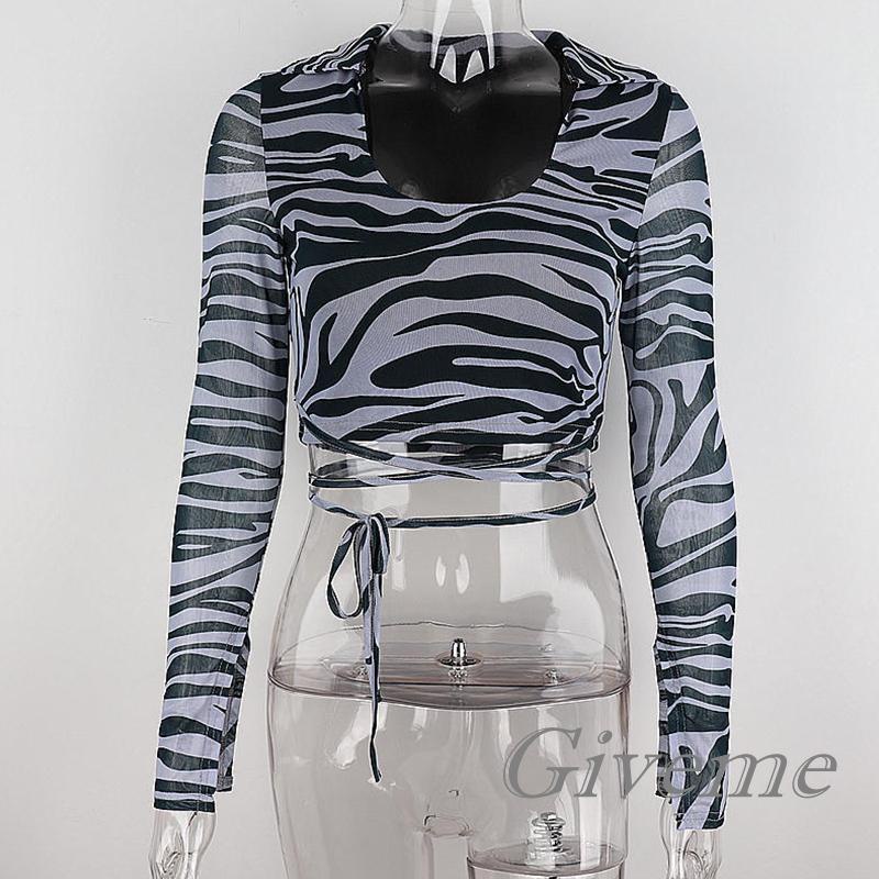 GIVEME-Women´s Spring Summer Crop Tops Long Sleeve U Neck Zebra Print Mini Bandage T-shirt