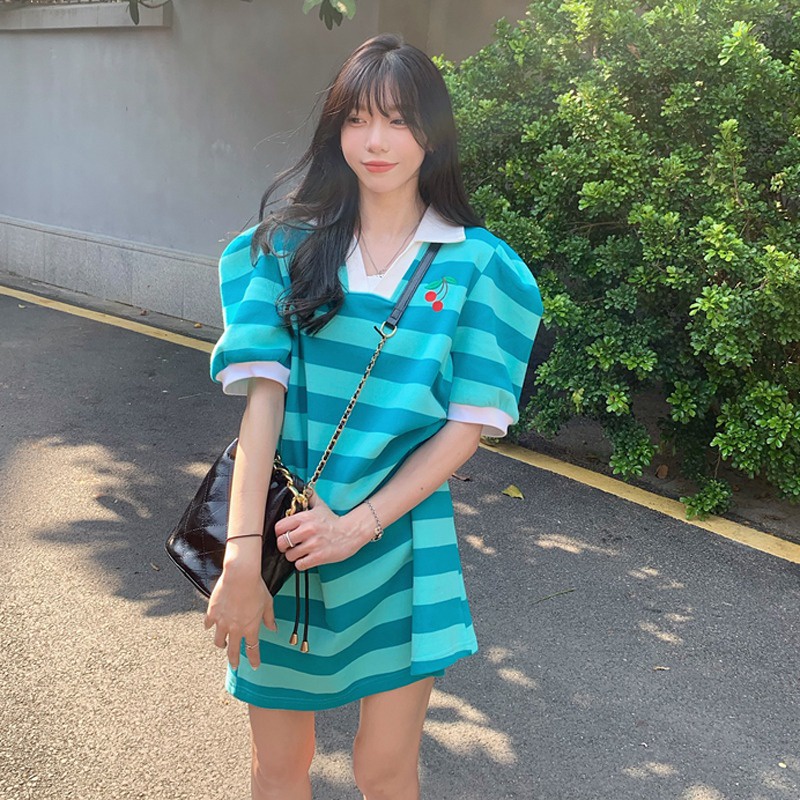 Áo thun polo dệt kim ZHELIHANGFEI dáng rộng họa tiết kẻ sọc trẻ trung sáng tạo