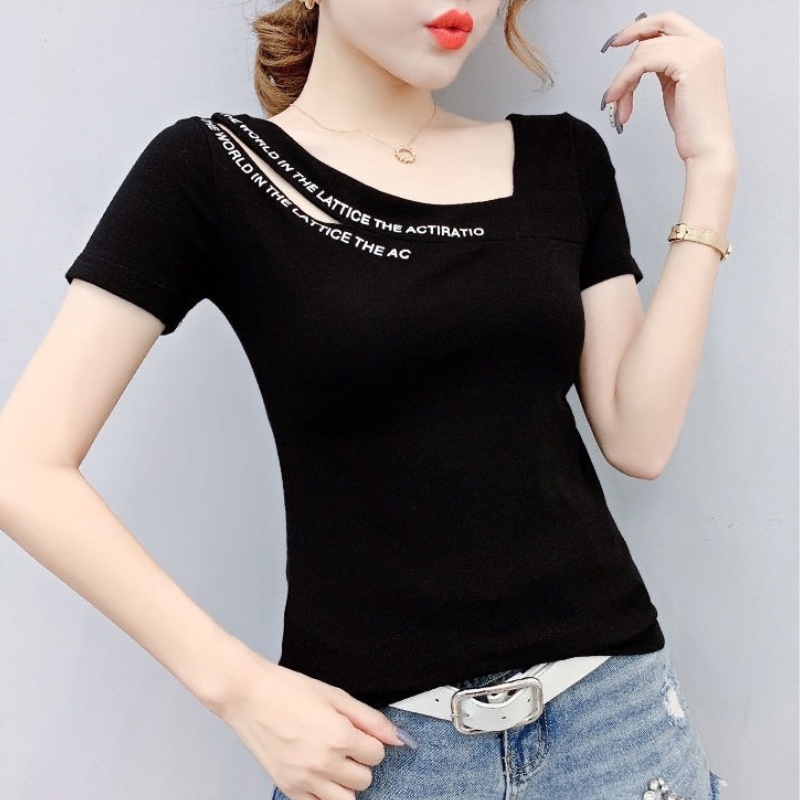 Áo Thun Cotton Ngắn Tay Dáng Ôm Thiết Kế Lệch Vai Độc Đáo Thời Trang Cho Nữ