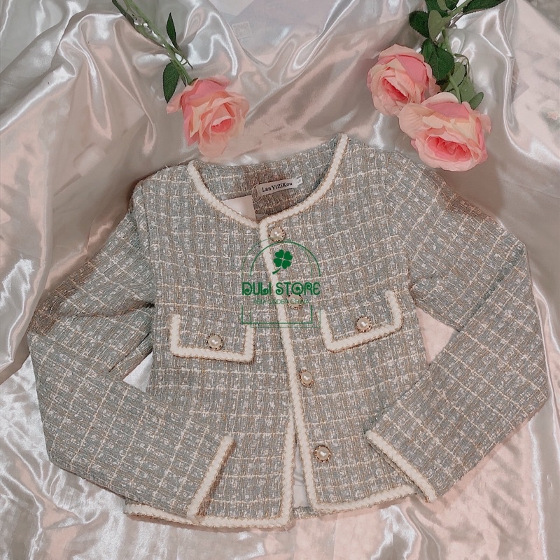Set váy dạ tweed kèm áo khoác đính ngọc thêu viền sang chảnh