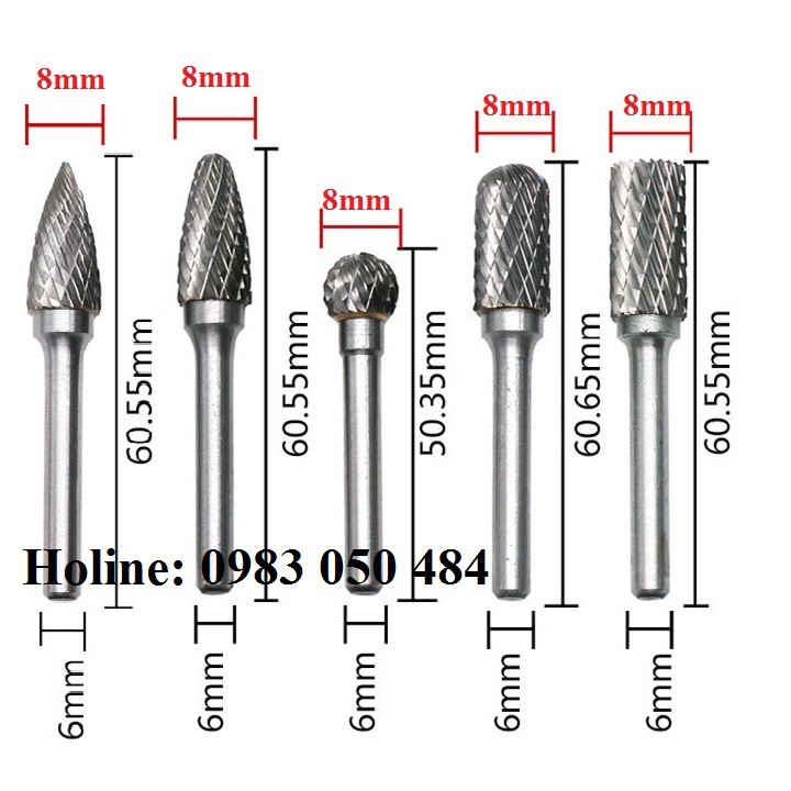 Mũi mài khắc hợp kim trục 6mm đầu 8mm mài tự chọn - mũi mài sắt - mũi mài đồng gang