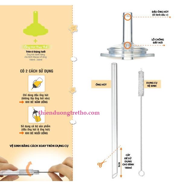 Bình tập uống nước / Bình sữa ống hút cổ rộng có tay cầm, tặng kèm cây rửa ống hút - 260ml PP Wesser