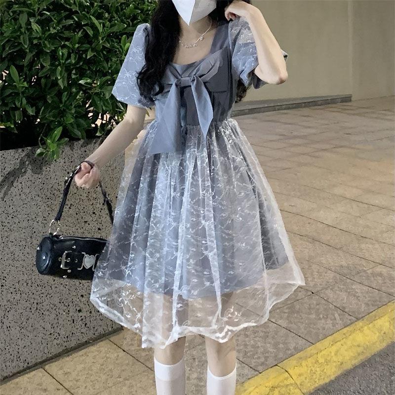 Đầm Chữ a Dài Qua Gối Tay Phồng Phối Lưới Thắt Nơ Phong Cách Hàn Quốc Thời Trang Mùa Hè Cho Nữ