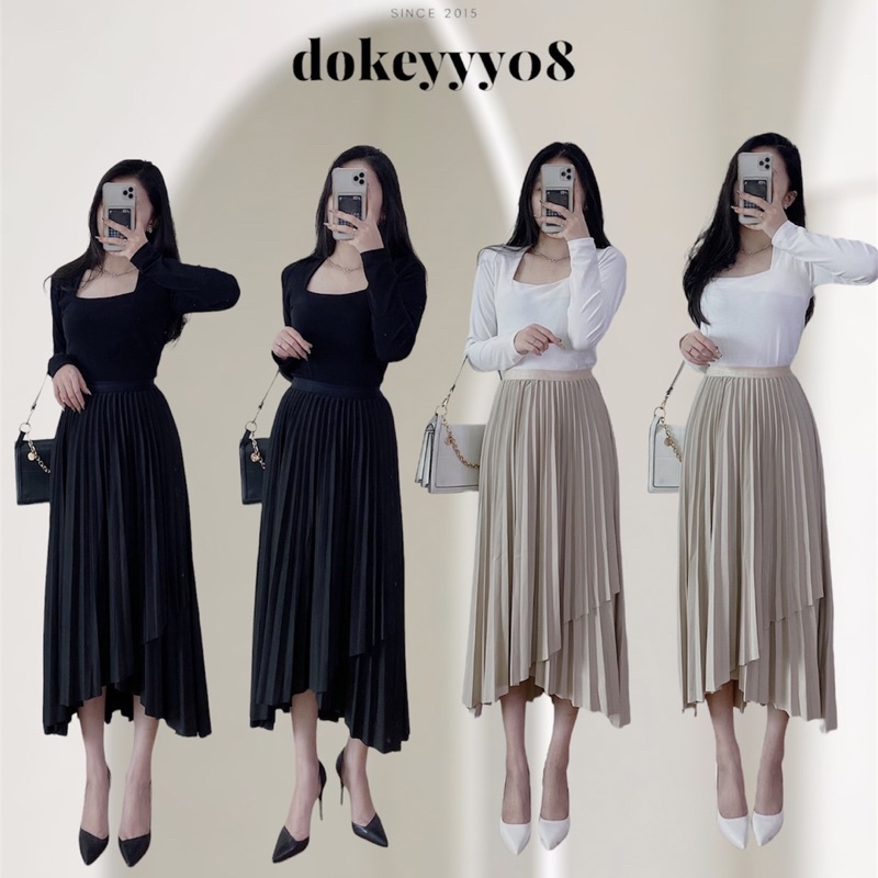 Set áo thun cổ vuông và chân váy dập ly ( có tách set )