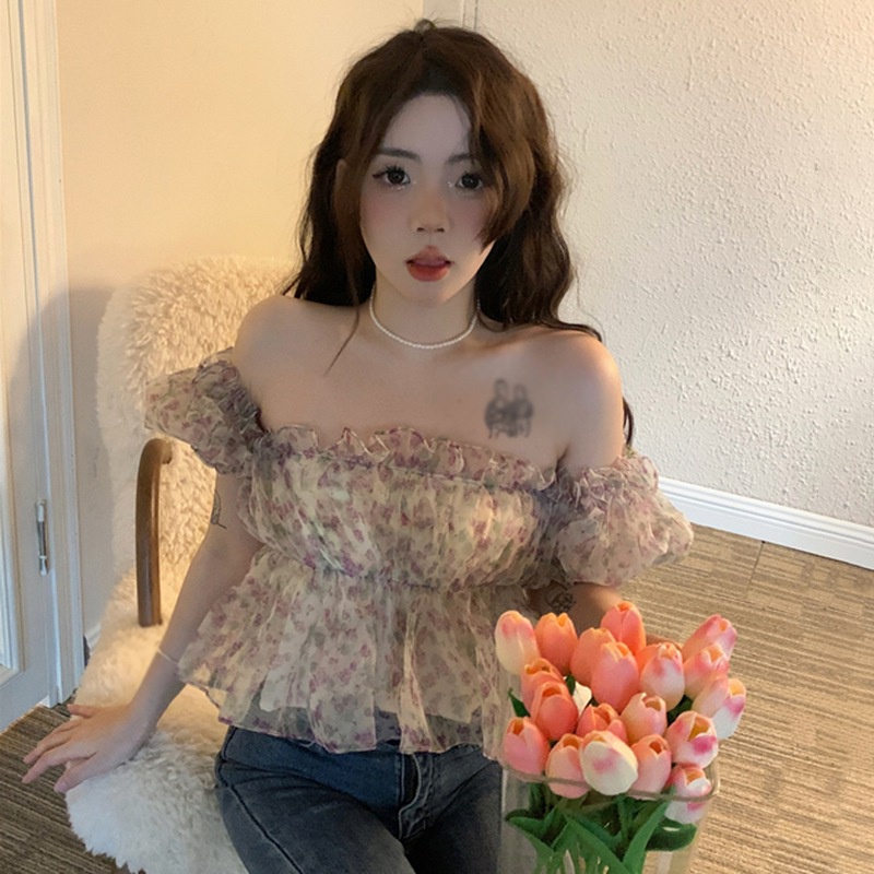 Áo Crop Top Tay Phồng Ngắn Họa Tiết Hoa Phong Cách Hàn Quốc Thời Trang Cho Nữ