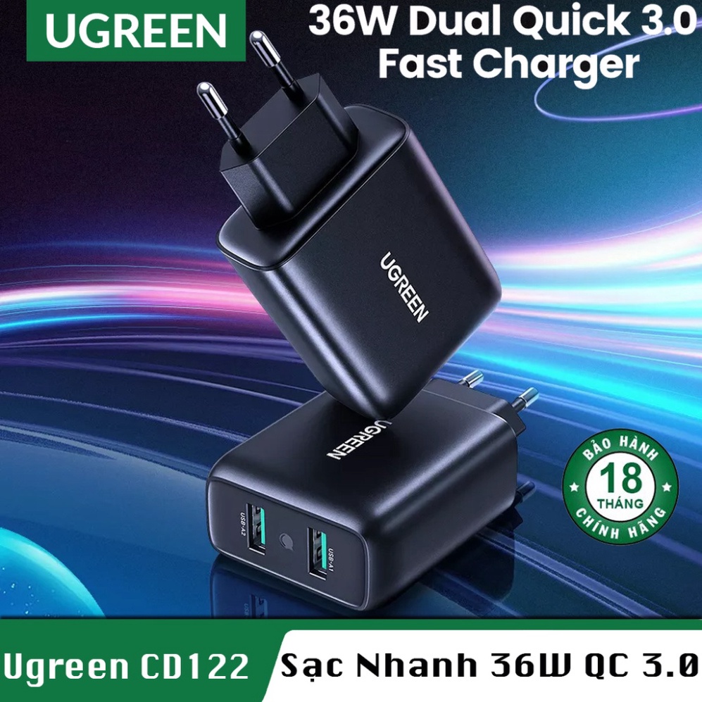 Củ Sạc Nhanh QC 30.0 2 Cổng 36W Ugreen CD161 Chính Hãng- BH 18T Đổi Mới