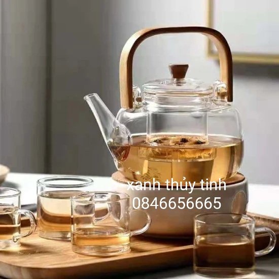 Ấm thuỷ tinh lõi lọc quai gỗ 900ml