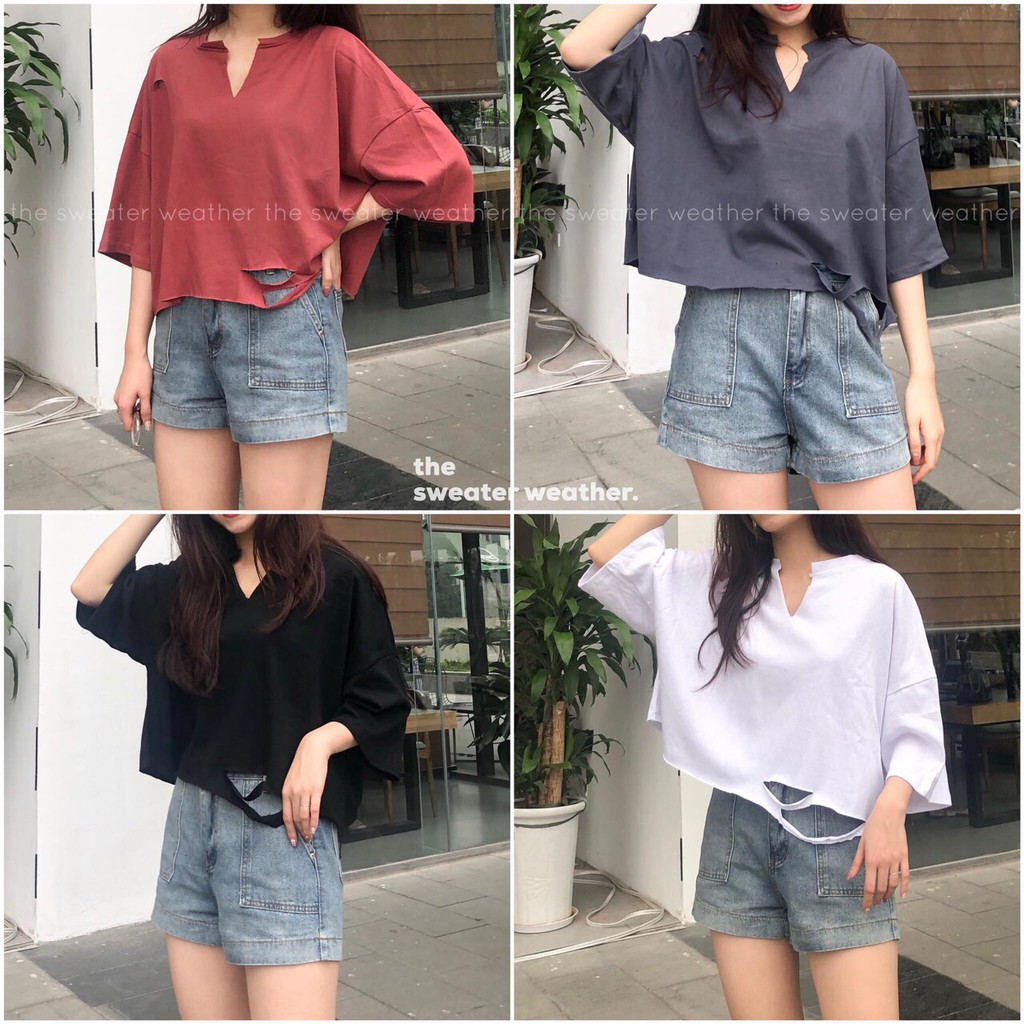 ÁO CROPTOP TRƠN CỔ V RÁCH BASIC