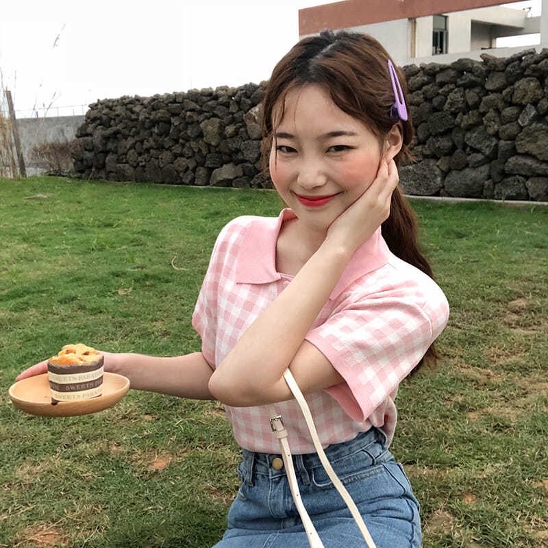 Áo polo COZOKC dệt kim tay ngắn dáng ôm kẻ sọc caro cá tính