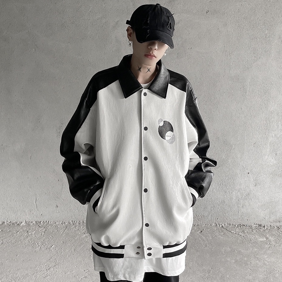 Áo khoác bóng chày bằng da PU phong cách đường phố cá tính thời trang Mỹ cho nam leather jacket