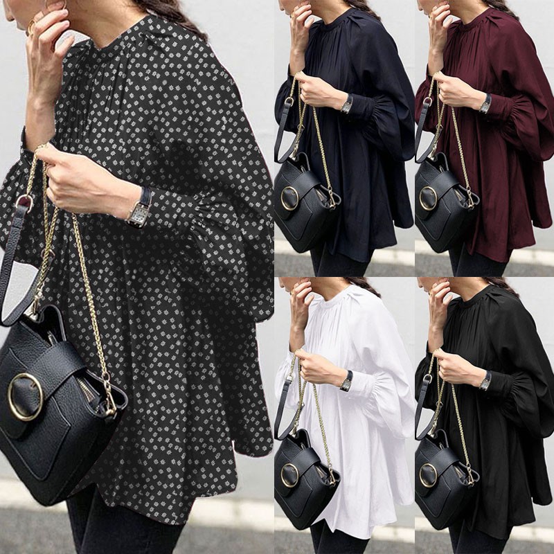 ZANZEA Áo tay phồng ZANZEA họa tiết in với cổ áo cổ điển đơn giản cho nữ