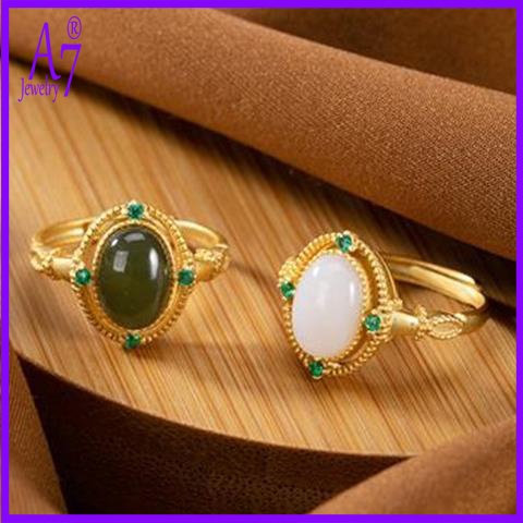 Nhẫn Hở Điều Chỉnh Được Bằng Bạc Sterling A7 S925 Đính Ngọc Bích Trắng Đỏ Cổ Điển Đơn Giản Không Phai Màu Cho Cặp Đôi