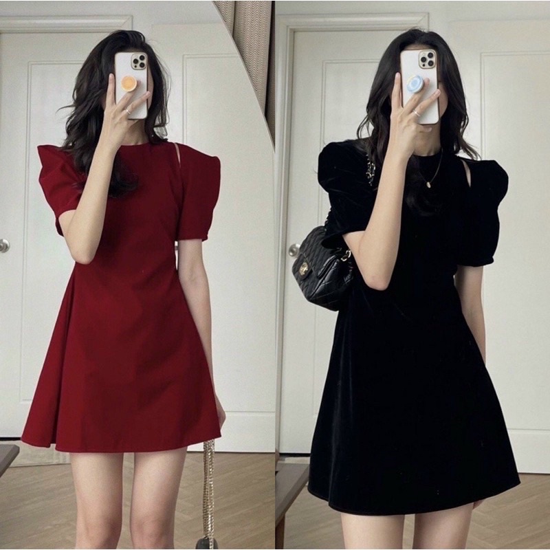 (Có Sẵn)Váy Nhung Cứng Tay Bồng Khoét Vai Sang Chảnh (Hình Thật) Đầm Nhung Tiểu Thư Đỏ Đen
