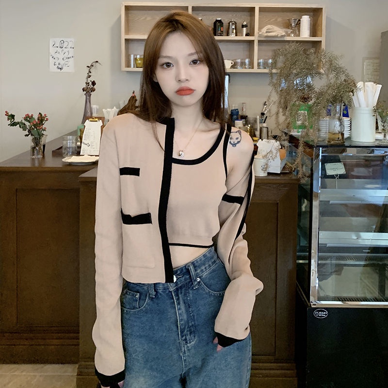 Set Áo Hai Dây + Áo Khoác Cardigan Dài Tay Thiết Kế Mới Thời Trang Mùa Thu Theo Phong Cách Hàn Quốc