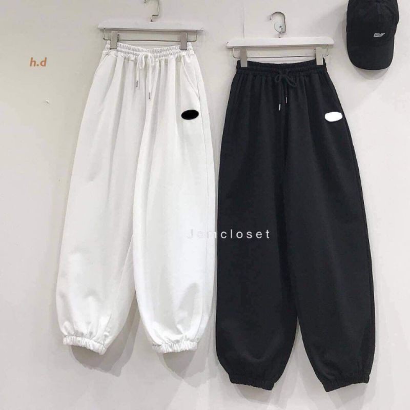 Quần dài jogger nam nữ bom chun ống in logo ,3 màu đen,trắng,xám