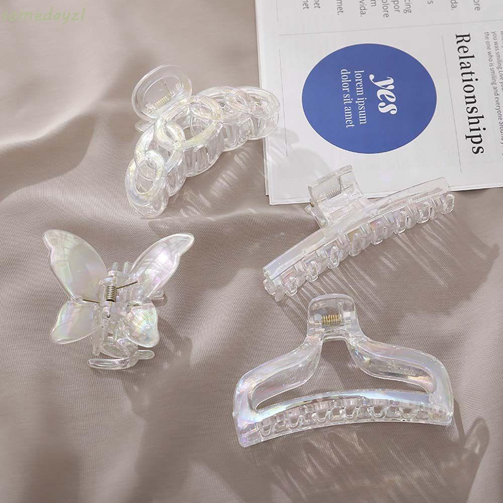 Kẹp tóc bằng nhựa acrylic trong suốt màu laser hình bướm chữ thập hình học độc đáo cho nữ