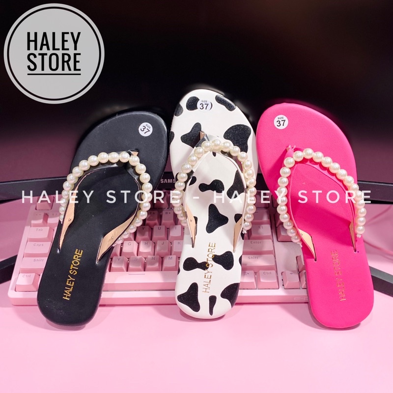 Dép nữ HALEY STORE đế bệt quai kẹp xỏ ngón đính ngọc nhiều màu bò sữa hồng hottrend đi đi chơi đi dạo đi biển