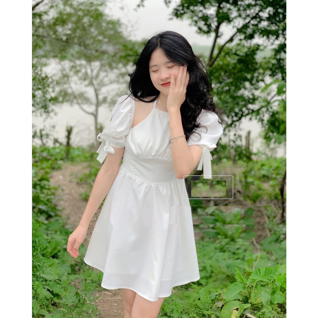 Váy yếm nữ phối tay nơ - Đầm trễ vai nữ tay nơ phối dây cổ yếm dáng xòe tiểu thư phong cách ulzzang hàn quốc