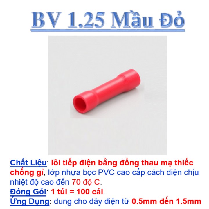 Đầu cos dây điện nối thẳng bọc nhựa BV 1.25, đầu cốt bấm dây 0.5mm 1.5mm, cosse  đồng