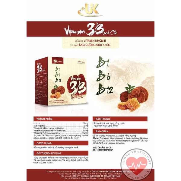 Bổ sung vitamin B1 B6 B12 và linh chi  tăng sức đề kháng, giảm mệt mỏ - Vitamin 3B - Hộp 100 viên