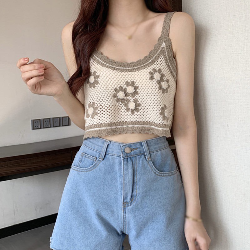 Áo Hai Dây Dệt Kim Họa Tiết Hoa Phong Cách Hàn Quốc Thời Trang Hè Cho Nữ