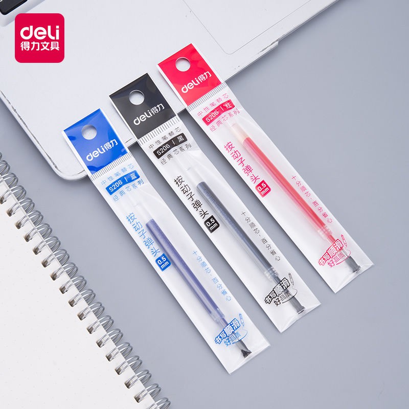 💖ReadyStock~Deli Stationery S206 Press Spring Refill 0.5 Bullet Ink Blue Neutral Water Refill Black Blue Red Refill