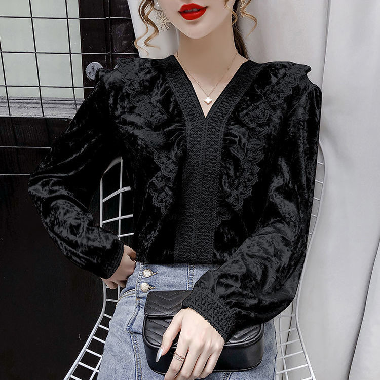 Áo Nhung Dài Tay Cổ Chữ V Phối Ren Xinh Xắn Dành Cho Nữ | BigBuy360 - bigbuy360.vn