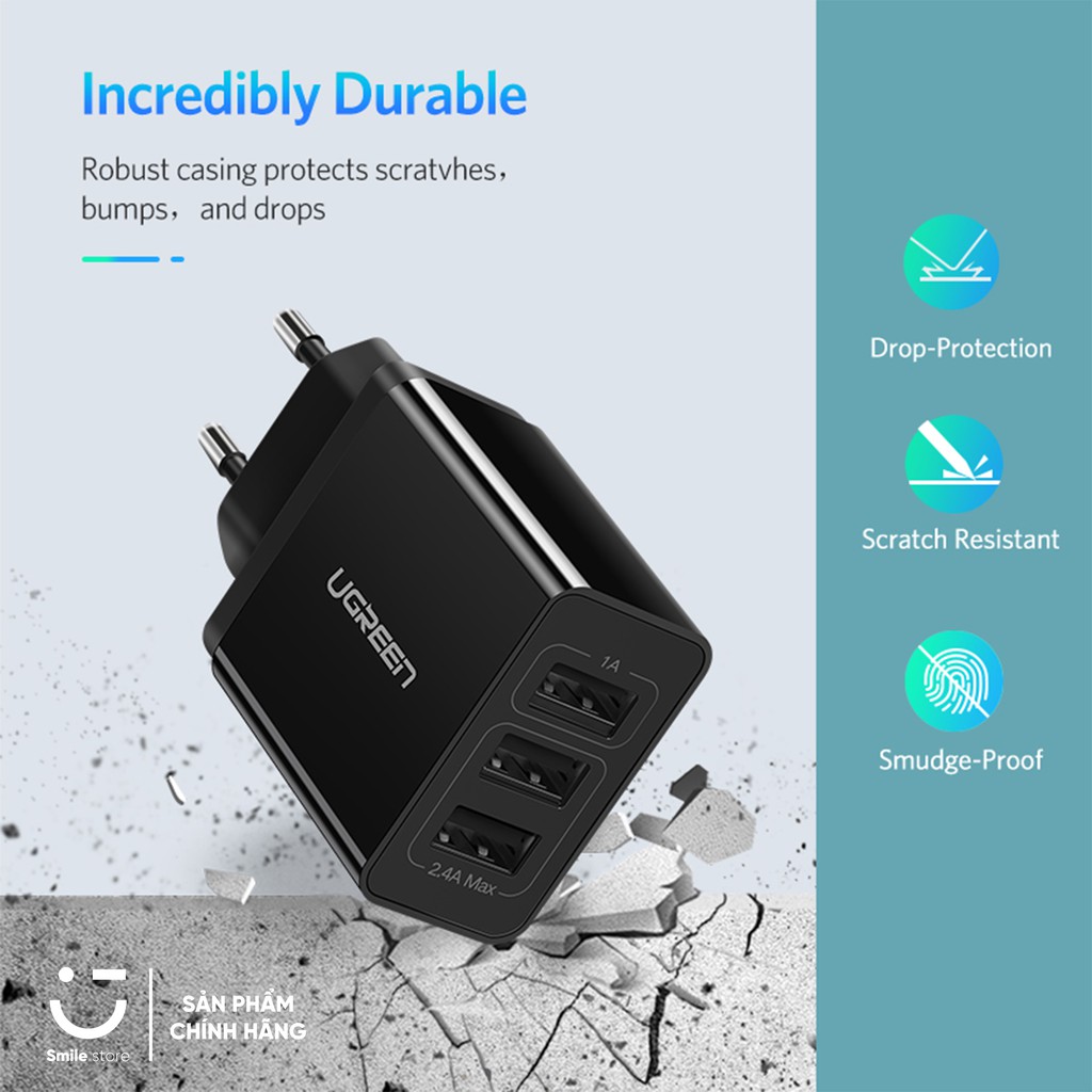 Cốc Sạc Nhanh UGREEN ED013 5V3.1A 3 Cổng Sạc Dành Cho Điện Thoại Xiaomi Redmi Samsung Iphone Huawei