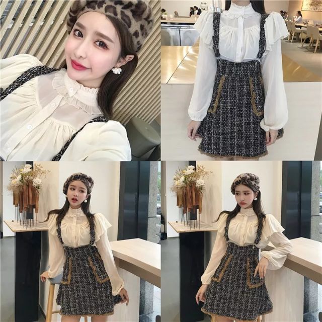 Set áo voan + váy yếm 2 dây Ulzzang bánh bèo siêu xinh