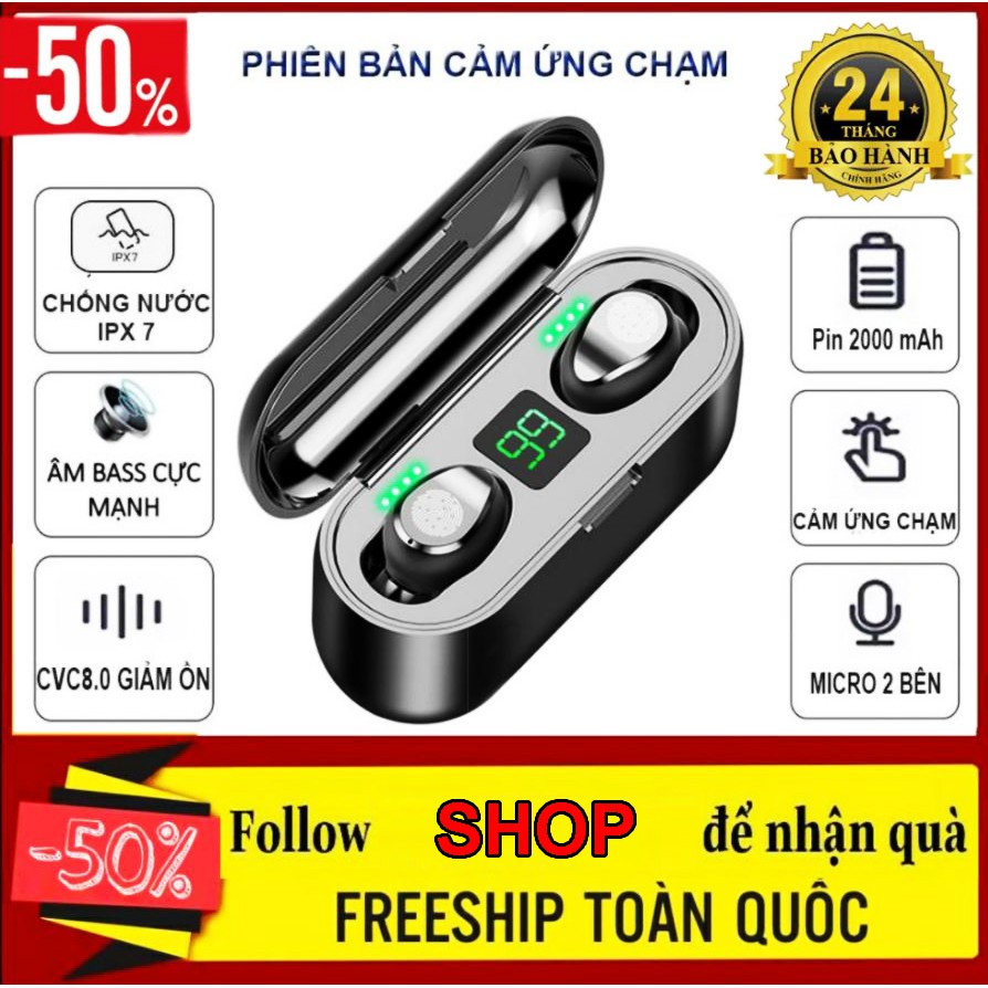 Tai nghe Bluetooth TWS F9 bản Quốc tế True Wireless không dây nút cảm ứng kháng nước thể theo stereo